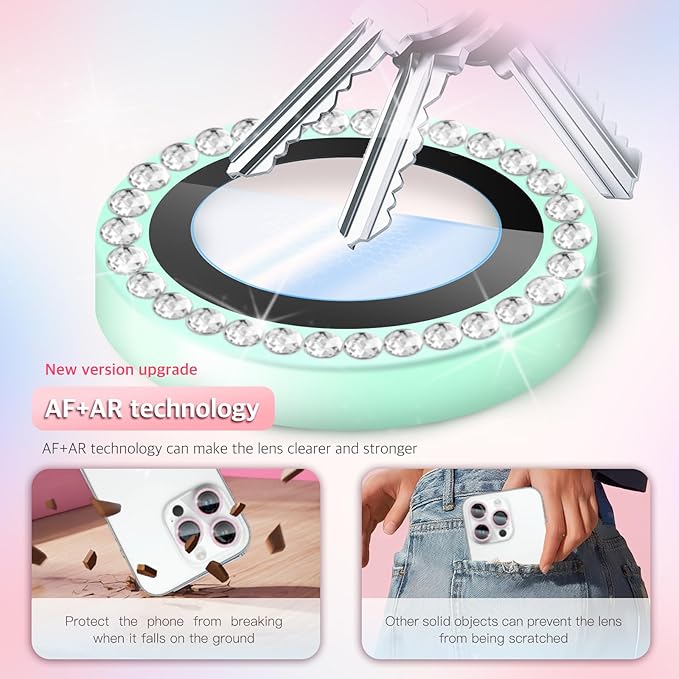 Camera Lens Protector Bling Compatible for iPhone 15 Pro/15 Pro Max,9H Tempered Glass,1Step Installation Tray,HD Clear/Military Grade Shatterproof/Scratch Resistant(Diamond Light Green)