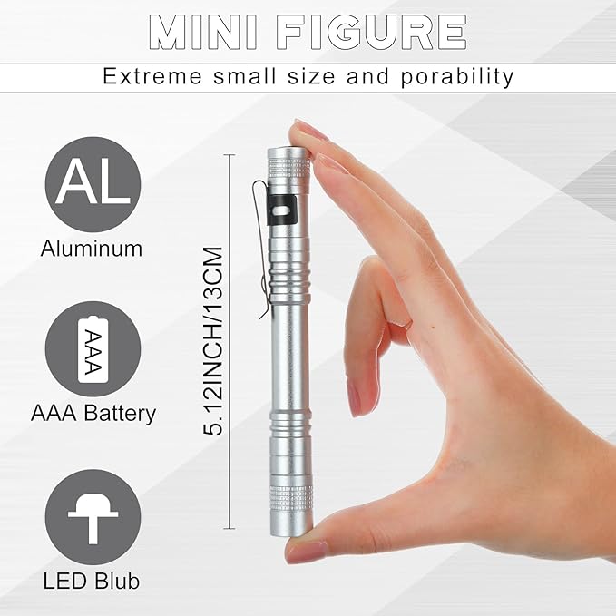 Hortsun 20 Pcs Mini Pen Light Flashlights Christmas Gifts for Men Pocket Flashlights Pen with Clip Small LED Handheld Slim Torches Without Battery(5.12 Inch,Silver White)