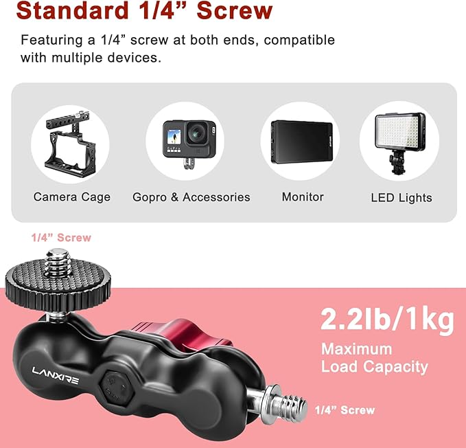 Magic Arm with Double Ball Head and 1/4" Screw - Compatible with Super Clamp, Camera Cage, Monitor and Microphone - Max Load up to 2kg / 4.4lb