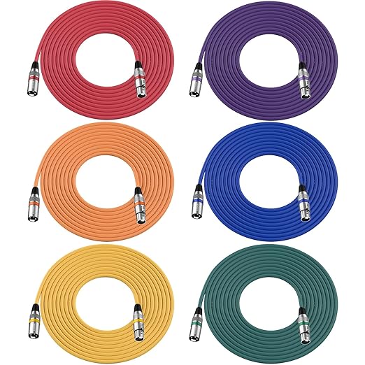 XLR Cables 15 ft 6 Pack, 3-Pin Microphone Male to Female Cable, Compatible with Stage Light DMX Cord, Microphones, Mic Mixer, Speakers and More, Multi-Color