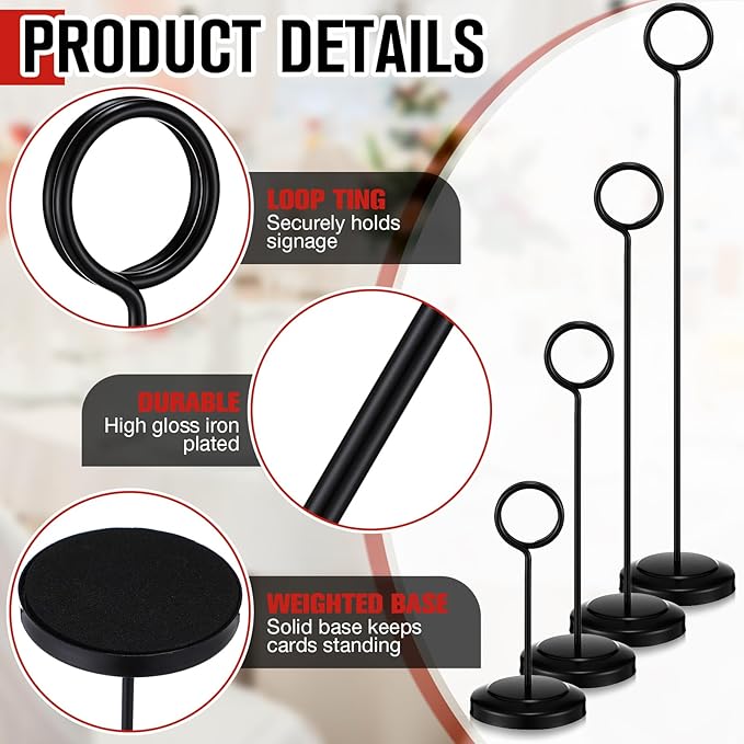 Otoolling 20 Pcs Table Number Holders 4/6/8/10 Inch Place Card Holder Stands Wire Photo Clips Metal Table Card Stands for Centerpieces, Photos, Food Signs, Birthdays, Weddings(Black)