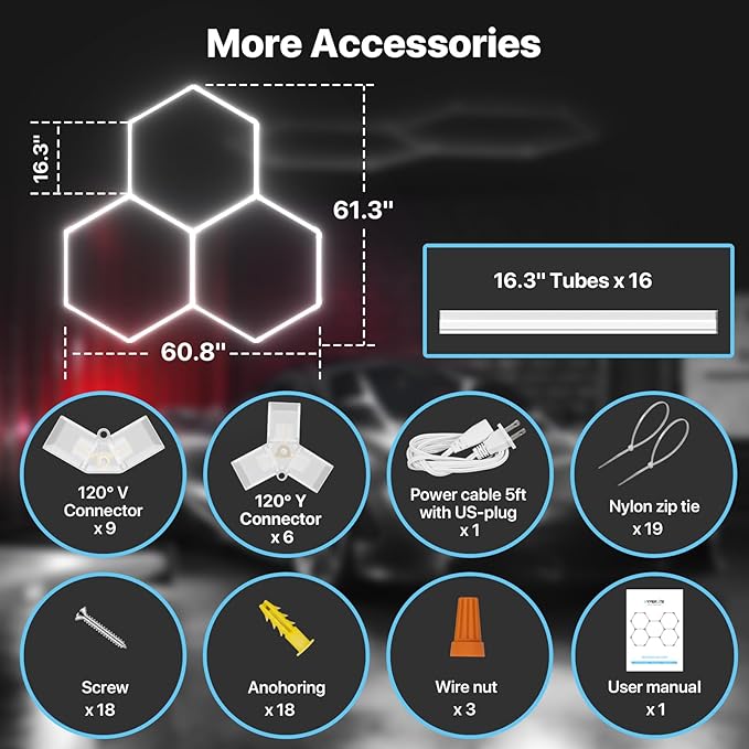 HYPERLITE Gen 2 Hexagon LED Lights: 105W 10500LM 3 Grids DIY Hexagon Led Lights, 6500K Ultra Bright, Easy Install, Durable Design for Garage, Car Detailing, Workshops, Basement, Gym