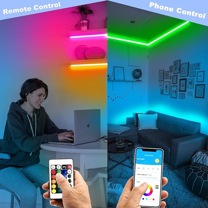 DAYBETTER 65.6Ft Smart Led Lights,2835 RGB Led Strip Lights Kits with Remote, App Control Timer Schedule Led Music Strip Lights(2 Rolls of 32.8ft)