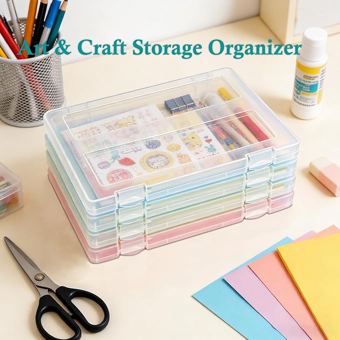 Urciwos A4 Paper Organizer Box, 4 Pack Scrapbook Paper Storage for 8.5" x 11" US Letter, Plastic Containers for Craft and Arts Supplies, Board Game, Document, File, 8" x 10" Photo Storage