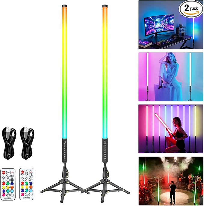 LUXCEO 2Pack 90cm RGB Tube Light Bar (3Ft) with Light Stand, 5000 mAh Battery Powered LED Video Light Wand Stick for DJ Lighting, Dance Club and Photography Lighting