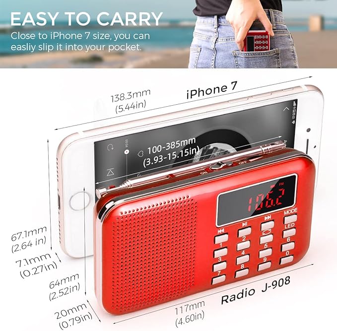 PRUNUS Mini Portable Radio AM FM Pocket Radio with MP3, LED Flashlight, Digital Radios Speaker Support Micro SD/TF Card/USB, Auto Scan Save, 1200mAh Rechargeable Battery Operated[Latest Version]