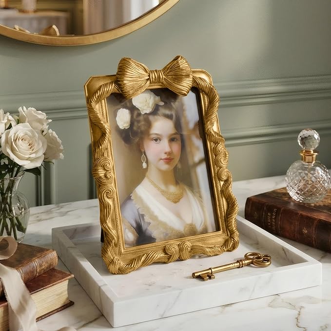 Cuspin 5x7 Picture Frame Gold Bow Frames, Vintage 5 by 7 Photo Frame with Bowknot Design, Ornate Handcrafted Resin Antique Frame with Glass Front for Wall and Tabletop Display, Home Decor, Gift Ideas