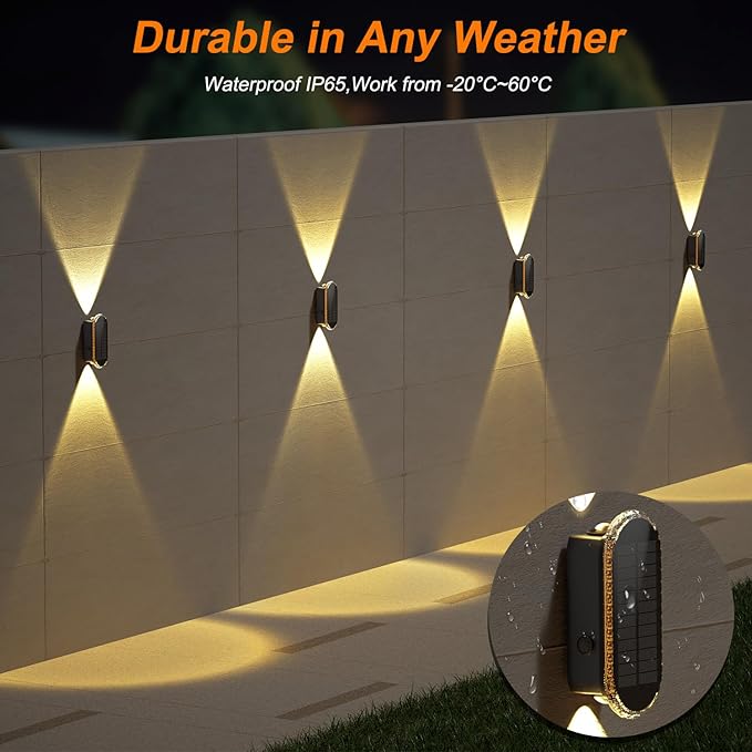 Ellasay Solar Fence Lightsv Backyark: 12-Pack Fence Lights Solar Powered 3 Color Modes - Up & Down LED Waterproof Solar Wall Lights for Outdoor Yard/Porch/Patio/Railing