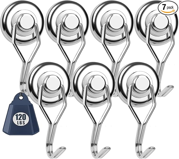 Swivel Swing Powerful Magnetic Hooks,Strong Heavy Duty Neodymium Magnet Hooks Great for Your Refrigerator and Other Magnetic Surfaces - Pack of 7 68mm(2.67in) in Length, 32mm(1.26in) in Diameter