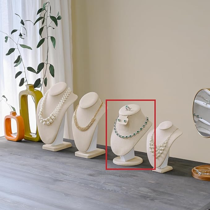 MOOCA Linen Covered Wood Jewelry Display Necklace Chain Jewelry Bust Stand, Necklace Display Mannequin Bust, 8 7/8" in Height, Tan Linen