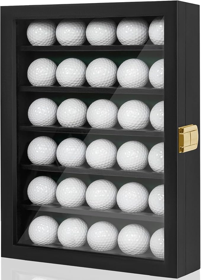 Golf Ball Display Case, Solid Wood Golf Ball Holder, Wall Mounted Golf Ball Rack with Acrylic Door for Golf Enthusiasts (Black, for 30 Golf Balls)