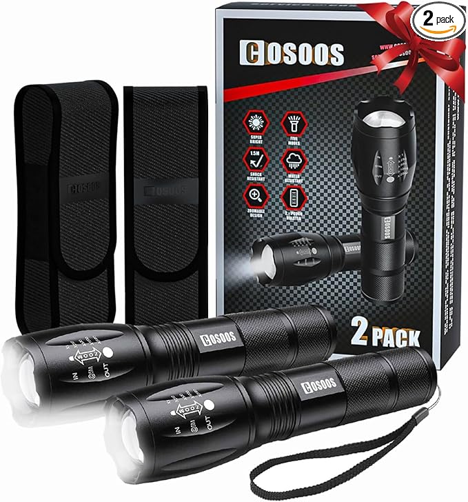 COSOOS 2 Tactical Flashlights with Holsters, Bright LED Flashlight High Lumen, 5 Mode Portable Zoomable Waterproof Flash Light for Hiking, Outdoor Camping Gear Essential, No AAA Battery