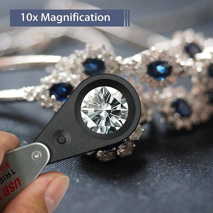 10X Rechargeable Jewelers Loupe with UV & LED Lights, Four Light Modes, Illuminated 22mm Eye Loop Magnifier Pocket Folable Jewelry Magnifying Glass for Jewelry, Currency, Gemstone, Coins, Stamps