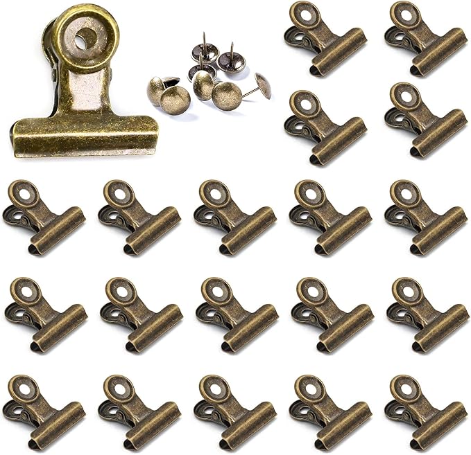 YUCHIYA 20 Pack Metal Clips with 20 Push-pins for Corkboard,Bulldog Clips for Hanging Pictures,Small Hinge Clips for Crafts,Mini Binder Clips Paper File Clamps for Office School(Bronze,1.2inch)