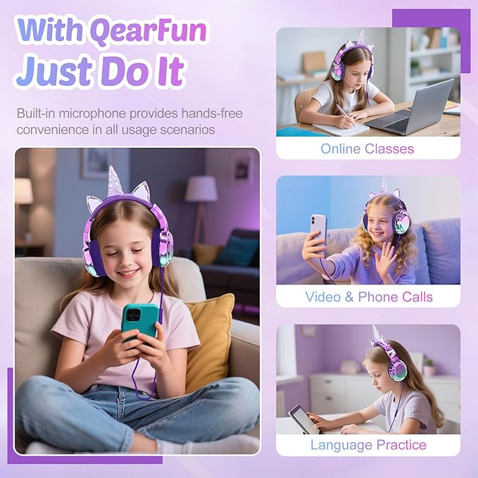 QearFun Kids Unicorn Headphones with USB C for Girls with Microphone, 85/94dB Safe Volume Limiter, Tangle-Free Cord, Share Port, Foldable Sparkly Wired Headset for School, Travel, Tablet, iPad
