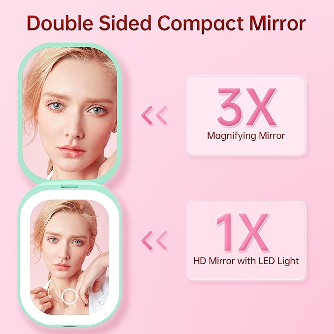 Benbilry Lighted Compact Travel Mirror with 3 Color Lights, 1X/3X Magnifying Ultra Slim Rechargeable Pocket Mirror for Purse, 2-Sided, Handheld, Folding, Portable, Green
