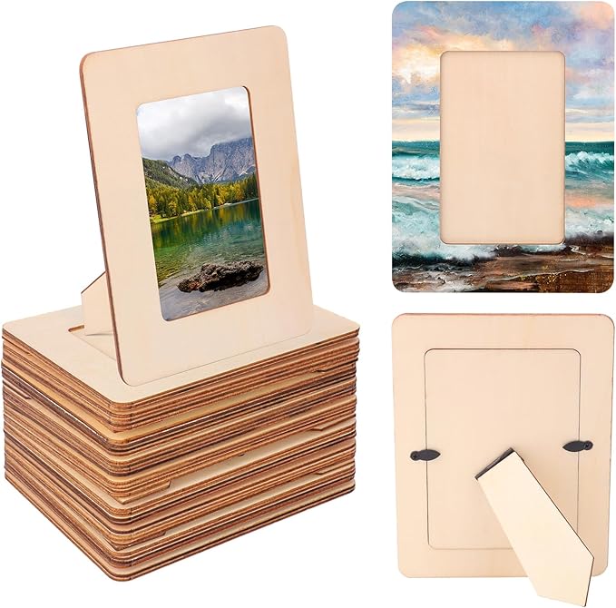 kukmakri 35 PCS Unfinished Wooden Picture Frames Set with 3.54 x 5.12 inch Photos, Wooden Frames for Crafts, Standing Postcard & Photos Picture Frame Set-Suitable for Crafts DIY, Souvenir Decoration