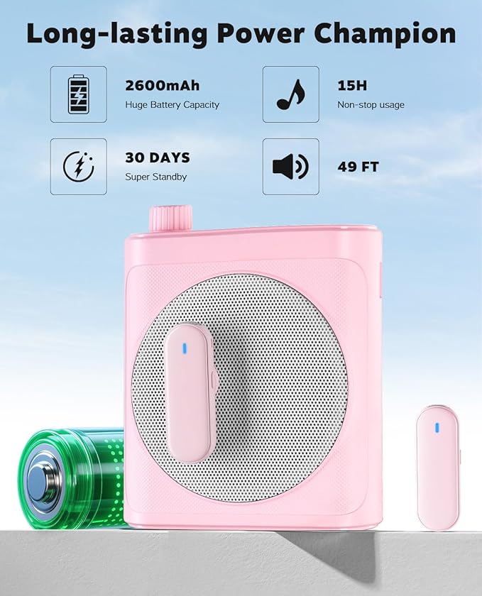 Tearstone Voice Amplifier for Teachers with Wireless Magnetic Lavalier Microphone, Bluetooth Portable Rechargeable Speaker, 2 Mics for Classroom, Meetings, Speeches, Outdoor (Pink)