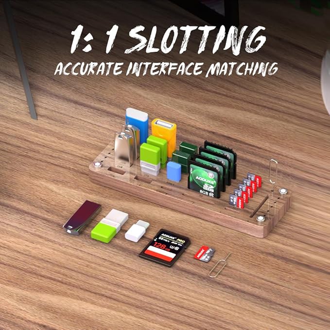 FEIFANZHE 25 Slot Wooden Memory Card Case Box and USB Drive Stand - SD Card Holder, Micro SD Case, Mobile Card Taking Needle - FSNH01M