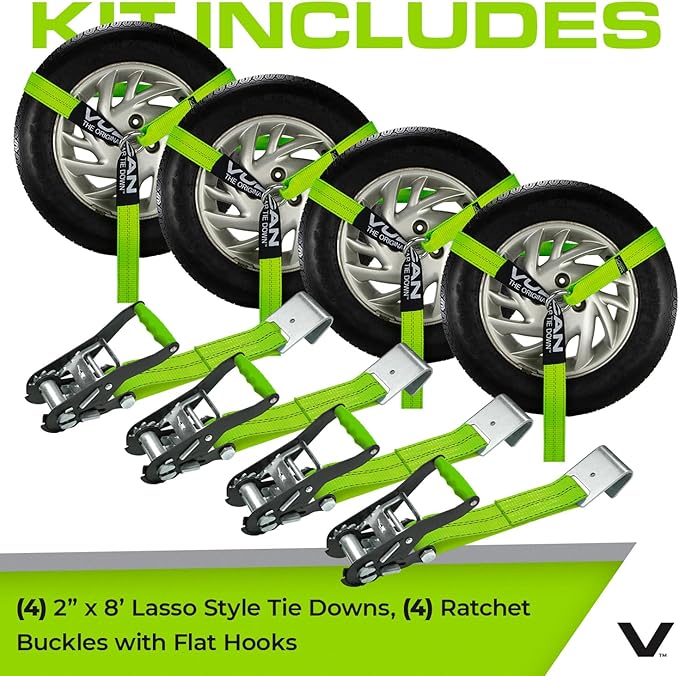 VULCAN Car Tie Down with Flat Hooks - Lasso Style - 2 Inch x 96 Inch - 4 Pack - High-Viz - 3,300 Pound Safe Working Load