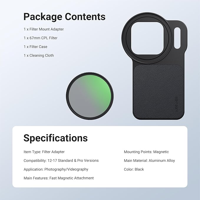 NEEWER 6.3" Magnetic Phone Lens Filter Mount Adapter Backplate Accessories & 67mm CPL Filter Circular Polarizing Polarizer Compatible with MagSafe iPhone 12/13/14/15/16/17 & Pro Versions