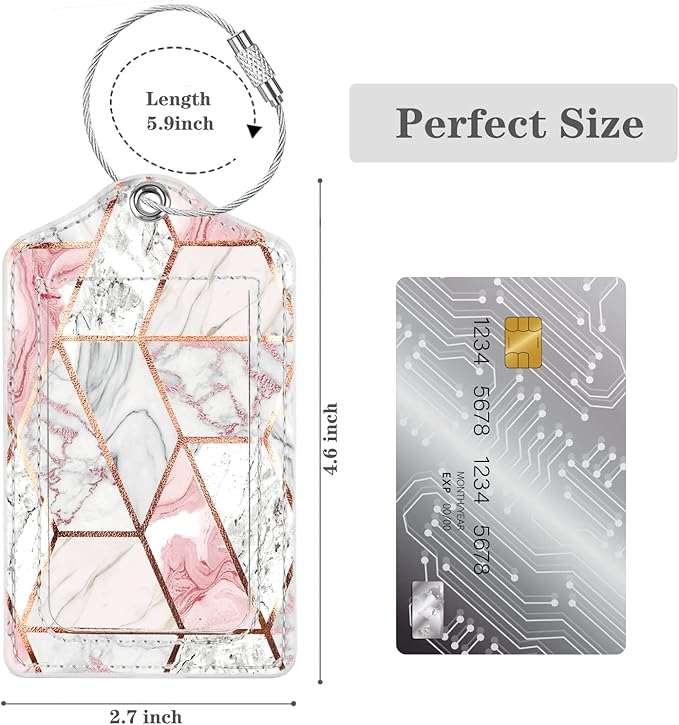 (Set of 2) Luggage Tag Leather Privacy Cover ID Label Address Card with Stainless Steel Loop, Travel Bag Tags Suitcase Labels,Gold Pink Marble