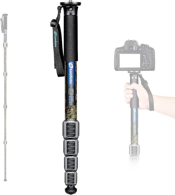 LEOFOTO Camera Monopod Carbon Fiber Portable Compact Lightweight Travel Monopod with Wrist Strap, Silicone Handle, Twist Locks, 5-Section up to 165cm, Max Load 15kg，Camo(MPQ-325C)