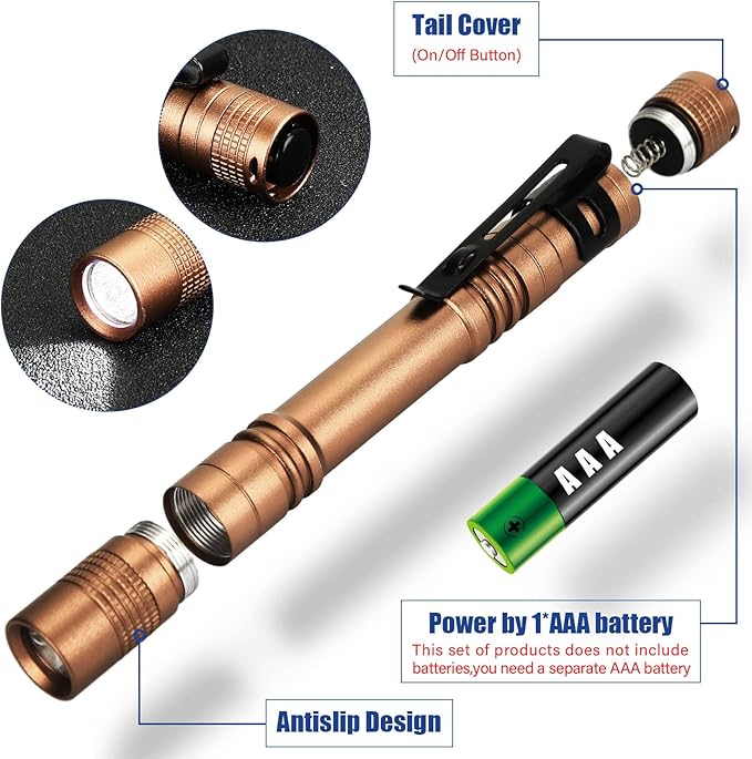 Hortsun 20 Pcs Mini Pen Light Flashlights Christmas Gifts for Men Pocket Flashlights Pen with Clip Small LED Handheld Slim Torches Without Battery(5.12 Inch,Brown)