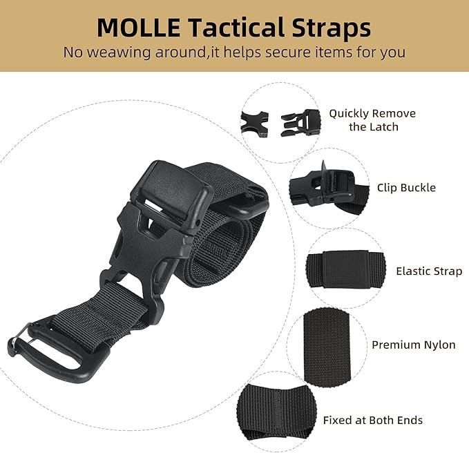 Molle Straps, 4 Pcs Tactical Molle Backpack Straps with Buckles, Adjustable Attachment Webbing Strap to Tie Down Tripod, Backpacks, Other Gear, Molle Accessories for Outdoor Hiking Camping Climbing