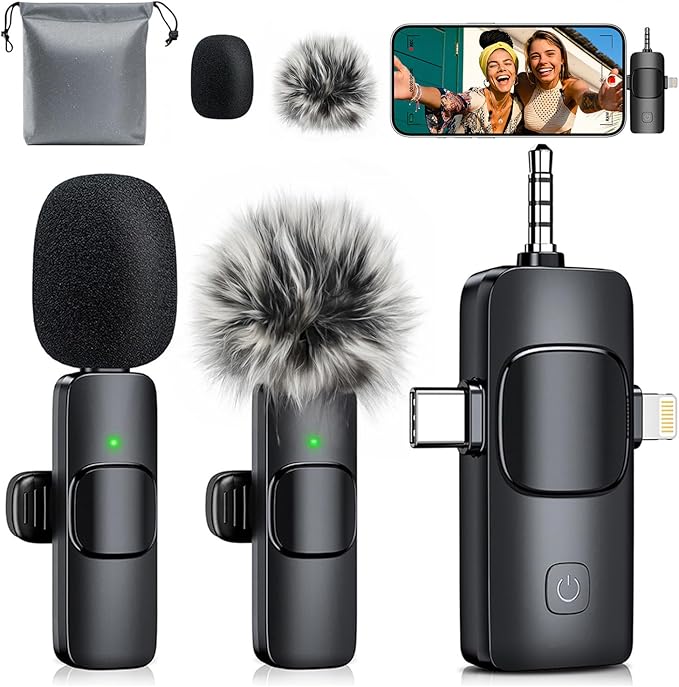 3-in-1 Mini Microphone for iPhone: Wireless Lavalier Microphone with 80ft Range & 15H Battery - Noise Reduction Lapel Mic, Real-Time Monitoring for Video Recording, Vlog, YouTube