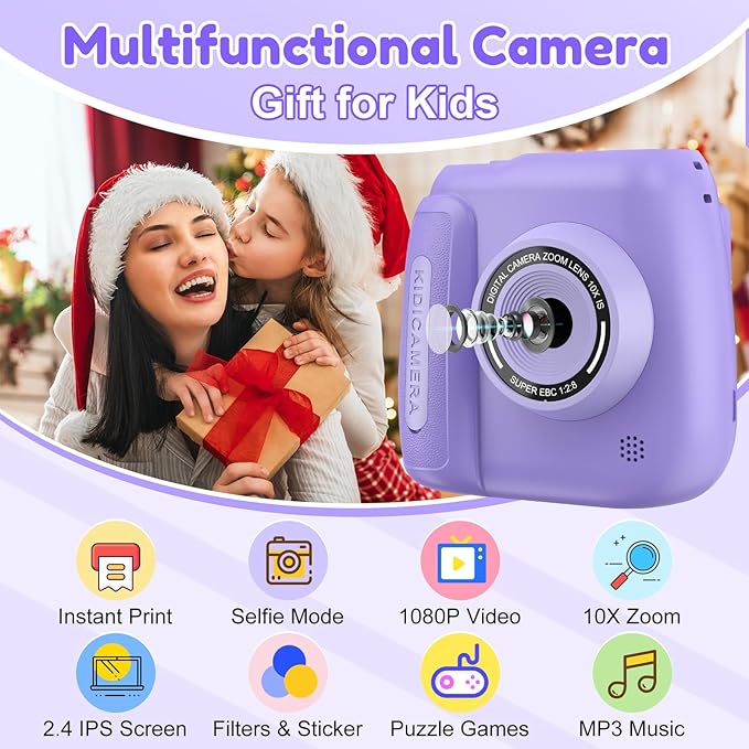 Instant Camera, Kids Camera Instant Print with 2.4 Inch Screen, Christmas Birthday Gifts for Girls Boys Age 3-12, Toddler Digital Print Toy for 3 4 5 6 7 8 9 10 Year Old, Front Rear Dual Selfie,Purple