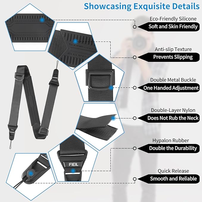 FIEIL Camera Strap with Quick Release Plate, Adjustable Camera Neck Strap, Comfort Camera Sling Strap, Quick Release buckles for/DSLR/SLR/Mirrorless Digital Cameras.