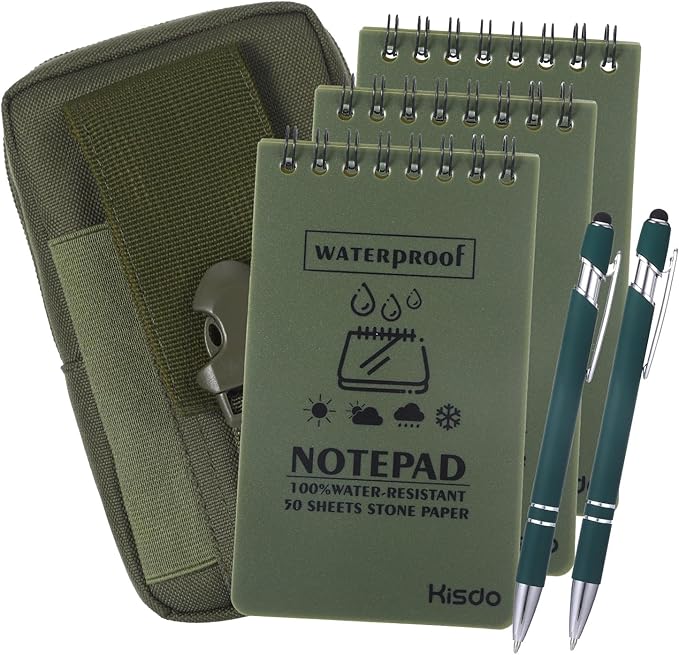 6 Pcs Waterproof Notebook Set, Write in The Rain Notebook, All Weather Notebook, Police Notepad, Field Notes Notebooks, 3 × 5" Pocket Notebook with Pen and Cover for Outdoor Activities Recording Green
