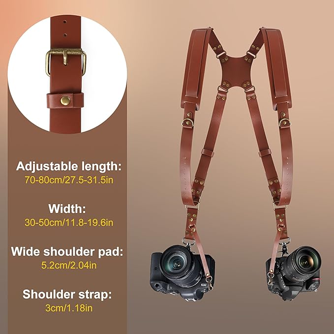 JUNART Camera Strap,Leather Dual Camera Harness with Shoulder Widening Stress Relief, Adjustable Camera Strap for Photographers for Two DSLR/SLR Cameras