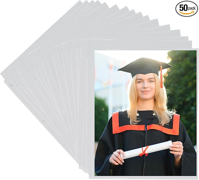 Samsill 50 Pack Full Page Photo Storage for 8x10 Photos, 8.5x11 Inch Clear Sheets Fit in Standard 3 Ring Photo Album, Top Loading, 100 Pictures Total