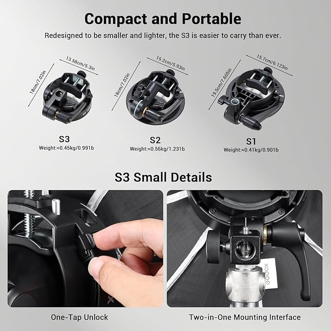 Godox S3 Speedlite Bracket, Compact Lightweight Bowens Mount for Godox V1/V1Pro, AD200/AD300, V860II/III, 20% Smaller Than S2, ±90° Angle Adjustment & Umbrella Hole, 0.45kg