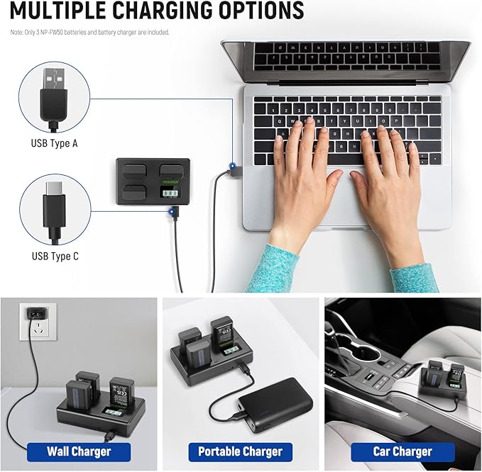 NEEWER Replacement Battery and Charger Set for NP-FW50, 3 Pack 1100mAh Batteries and Triple Slot USB Charger Compatible with Sony ZV-E10 A7 A7R A7RII A7II A7SII A7S A7RII A6300 A6400 A6500 RX10
