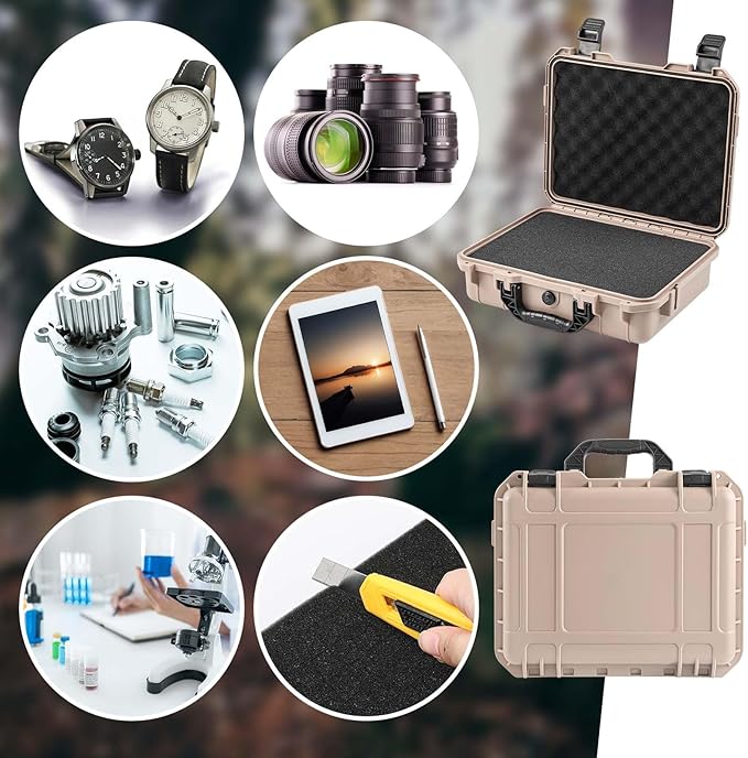 Relaxweex 1 Pcs 16.3 x 12.4 x 6.5 Inch Waterproof Hard Case with DIY Customizable Foam Insert Portable Protective Case with Knife for Camera Drones Equipments Tools Test Instruments (Tan)