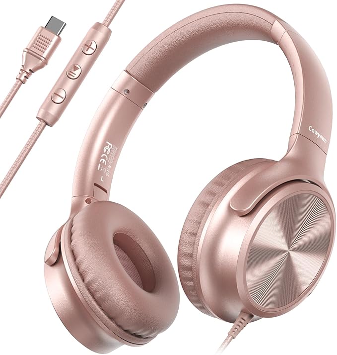 USB C Headphones Wired, Over Ear USB C Wired Headphones with Microphone, Volume Control, HD Stereo Sound, Foldable USB Type C Headphone for Adult/Teens/Laptop/Computer/iPhone 15/16/17, Rose