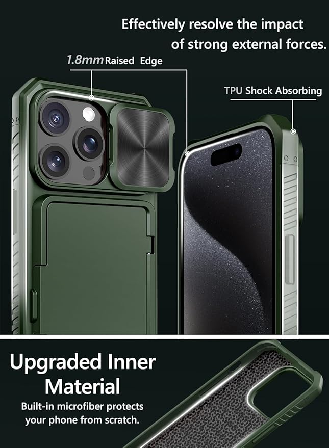 Vihibii for iPhone 15 Pro Case Wallet with Card Holder (4 Cards) & Slide Camera Lens Cover & Kickstand & Raised Edges Protective Screen, Rugged Durable Phone Case for iPhone 15 Pro 5G 6.1" 2023, Green