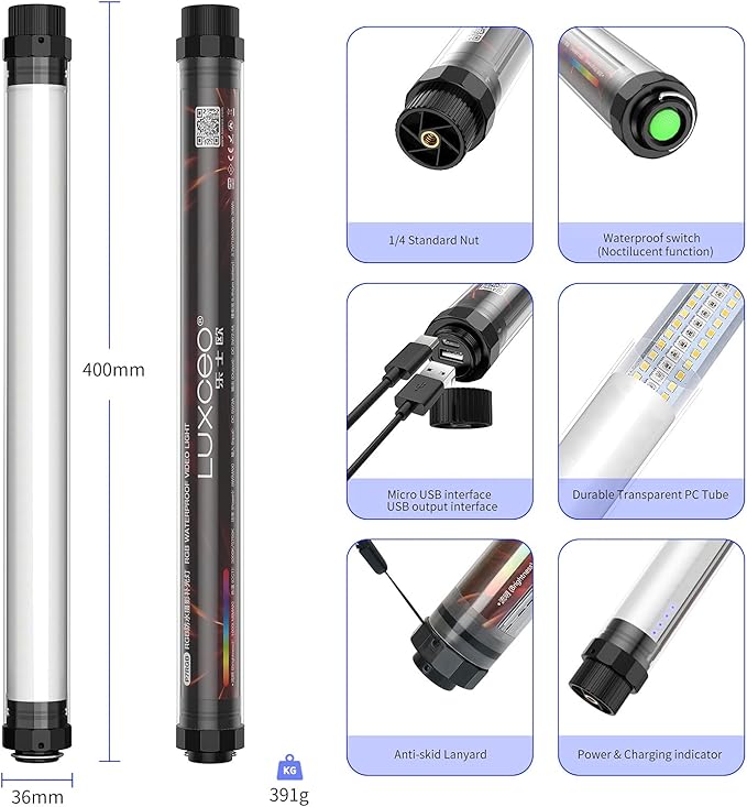 Handheld Photography Light Professional LED Video Light Wand 12 Lighting Mode, Stepless Dimming,CRI≥95 IP68 Waterproof with10400mAH Rechargeable Battery 3000k 5750k RGB Colorful Stick