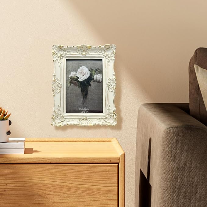CISOO 4x6 Vintage Picture Frame, Antique Ornate White with Gold Photo Frame, for Table Top and Wall Display, Decorative Floral Design Retro Home Decor, Photo Gallery Art
