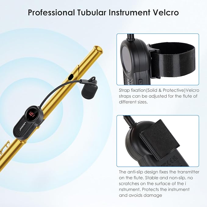 Lococo UHF Wireless Flute Microphone System: Wind Music Instruments Microphone Receiver and Transmitter, 160ft Range with Digital Screen, for Flute, Piccolo, Clarinet