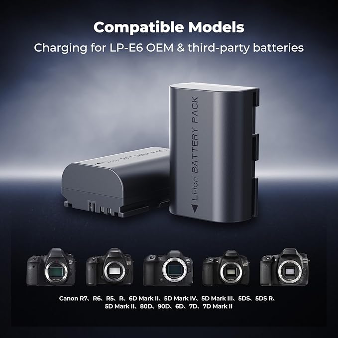 K&F Concept 2-Pack 2600mAh LP-E6NH Battery and 18W Charger Compatible with Canon EOS R7, R5, R6, R, 5D Mark II/III/IV, 6D, 6D Mark II, 7D, 7D Mark II, 90D, 60D, 70D, 80D Cameras