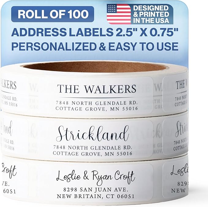 100 Personalized Address Labels - Glossy White Return Address Label 2.5" x 0.75'', Stylish Fonts for Envelopes & Packages, Customizable Labels for Home or Office Use
