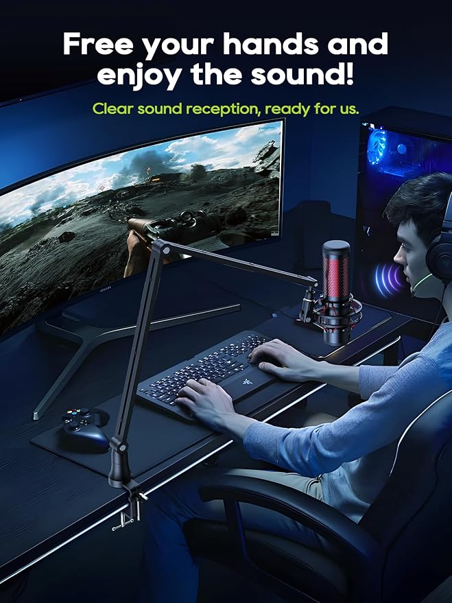 Mic Arm, Boom Arm 360° Rotatable Microphone Stand with Desk Mount, Foldable Desk Mic Arm with 3/8'' to 5/8'' Screw Adapter, Microphone Arm for Live Streaming, Gaming, Podcasting (M01)