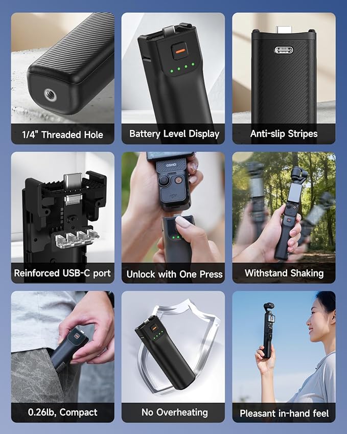 LKTOP Pocket 3 Battery Handle+Tripod for DJI Osmo Pocket 3, Xtra Muse Accessories, 5000mAh Fast Charger 22.5W Portable Power Stick Grips, 6hr Battery Life (Charging Time: 35 min Camera, 80min Self)
