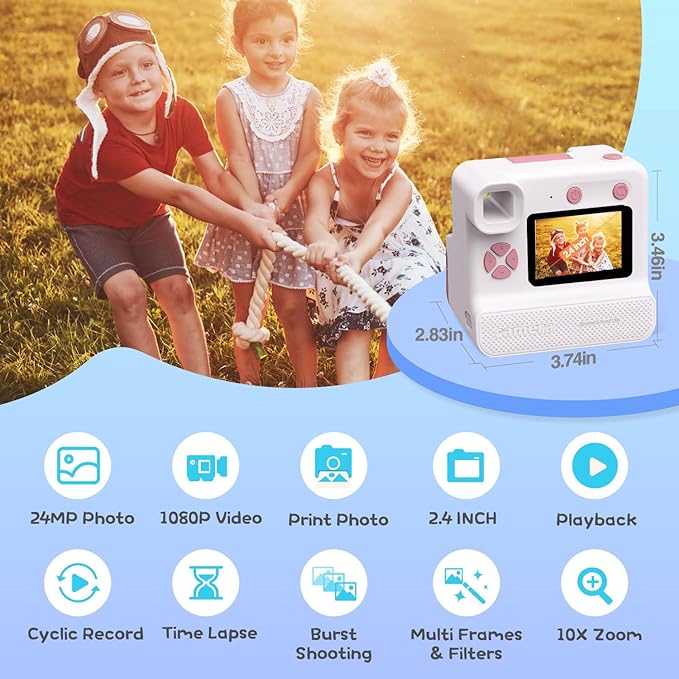 Kids Camera Instant Print, Christmas Birthday Gifts for Girl Boys 3-12 Years Old, FHD Selfie Digital Video Cameras Toddler 3 Rolls Print Paper & 32G Card (Retro, Pink-White)