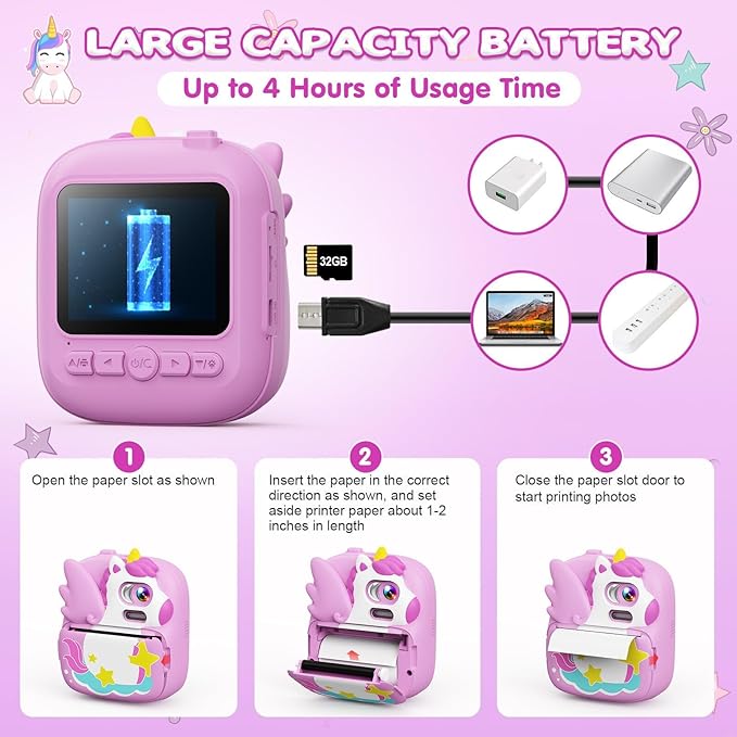 Kids Camera Instant Print, 12MP & 1080P Instant Camera for Kids with 32G Card & Print Paper, Selfie Digital Video for Toddler,Christmas Birthday Gifts for Girls Boy Age 3-12 (Purple)