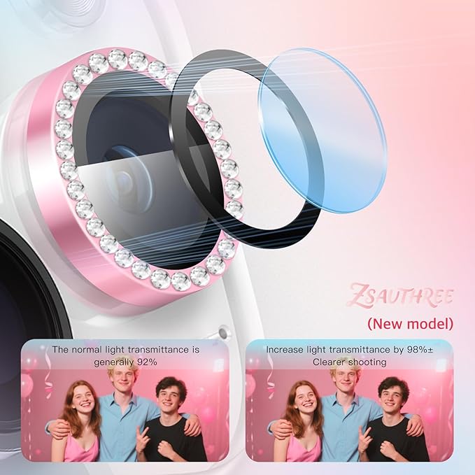 Camera Lens Protector Bling Compatible for iPhone 15 Pro/15 Pro Max,9H Tempered Glass,1Step Installation Tray,HD Clear/Military Grade Shatterproof/Scratch Resistant(Diamond Pink)